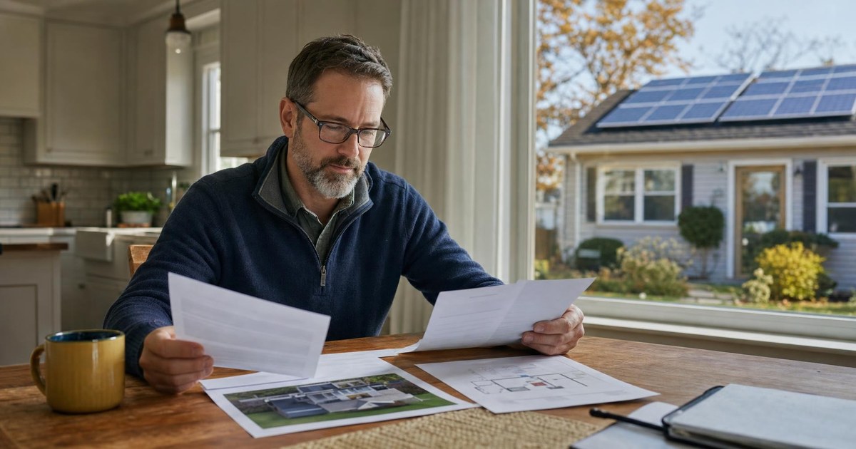 Illinois homeowner reviewing a rooftop solar proposal and electric utility information at a kitchen table.