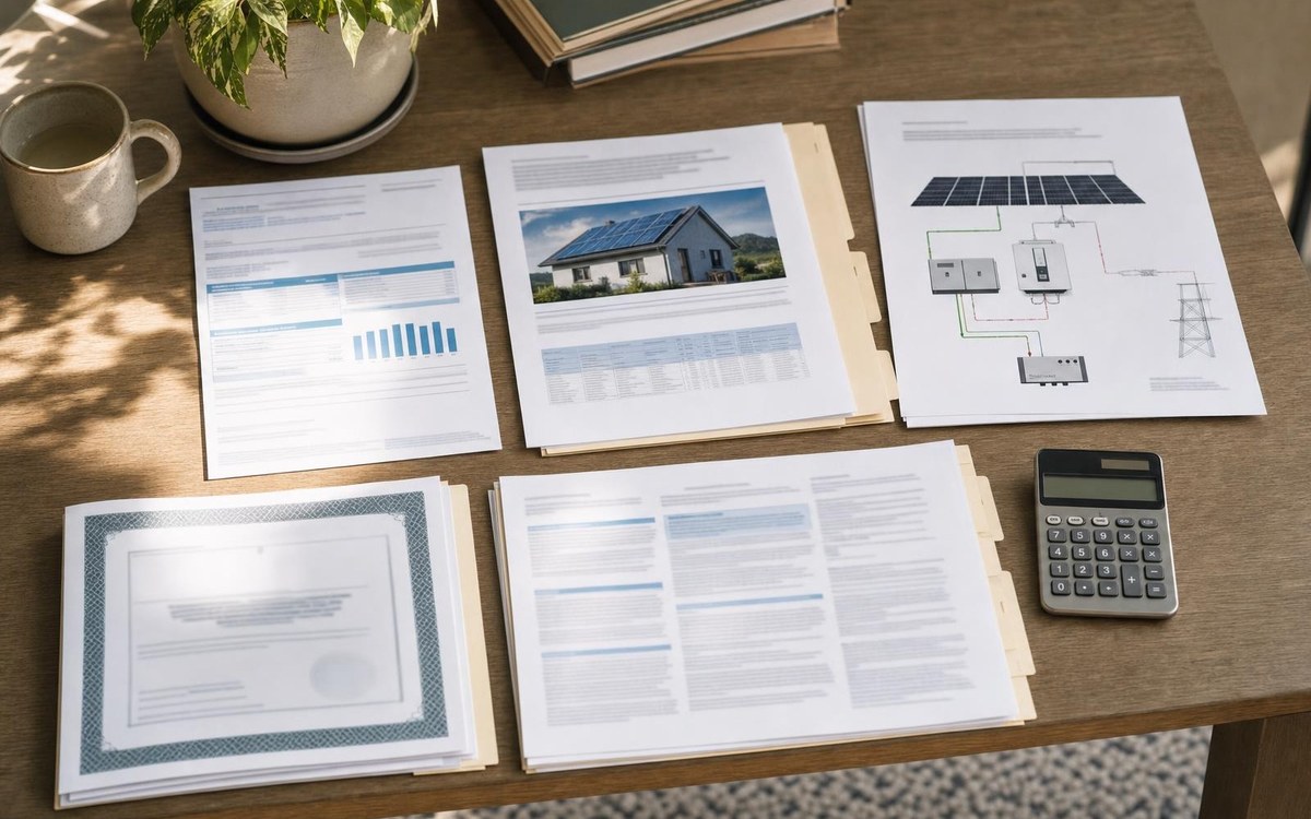 Illinois solar utility policy review checklist Generic electric bill, solar contract, system diagram, and utility policy documents organized for review.
